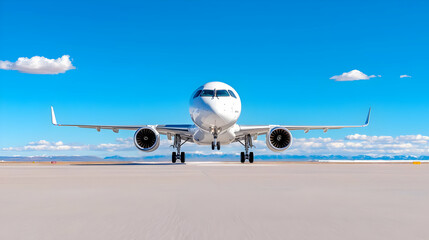 Airplane taxiing on runway, desert background, travel