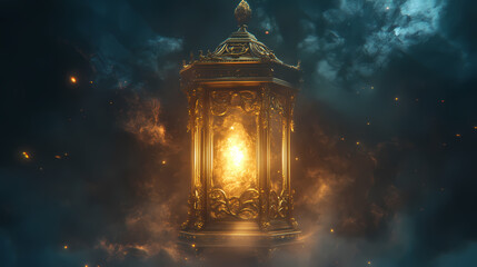 Ornate golden lantern, glowing, ethereal light. Radiant Spire. Illustration