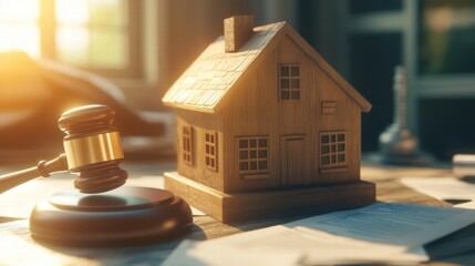Wooden House Model and Gavel on Desk Surrounded by Legal Papers