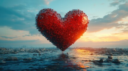 Fototapeta premium A Fragmented Red Heart at Sunset Over a Rocky Landscape