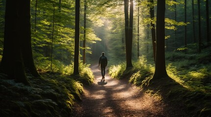 Solitary hiker ventures down tranquil sunlit forest track 