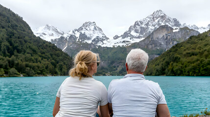 Fototapeta premium Senior couple enjoying mountain lake view
