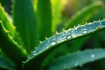 Large water droplets bead on thick aloe leaf, reflecting light , close-up, water droplets