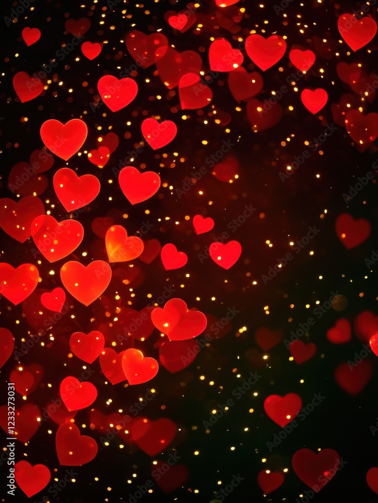 Poster sparkling red hearts shine in a deep shimmering bokeh background