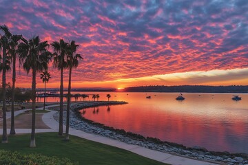 Vibrant Sunset Over the Bay with Palm Trees