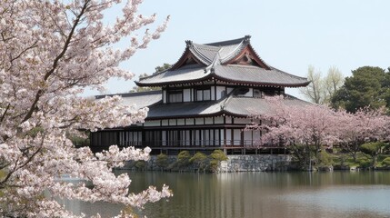 Fototapeta premium Japanese palace or emperor's house. There are many cherry blossom trees around the house.