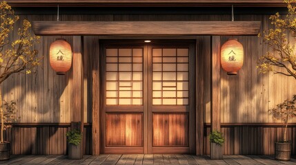 Japanese restaurant outdoor door design, front view, wooden material, warm color tone