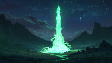 A glowing, green, crystalline spire emanates swirling energy against a backdrop of a dark, mountainous landscape and a starry sky. Radiant Spire. Illustration