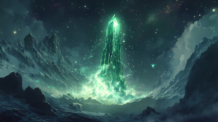 A glowing, green, crystalline spire emanates swirling energy against a backdrop of a dark, mountainous landscape and a starry sky. Radiant Spire. Illustration