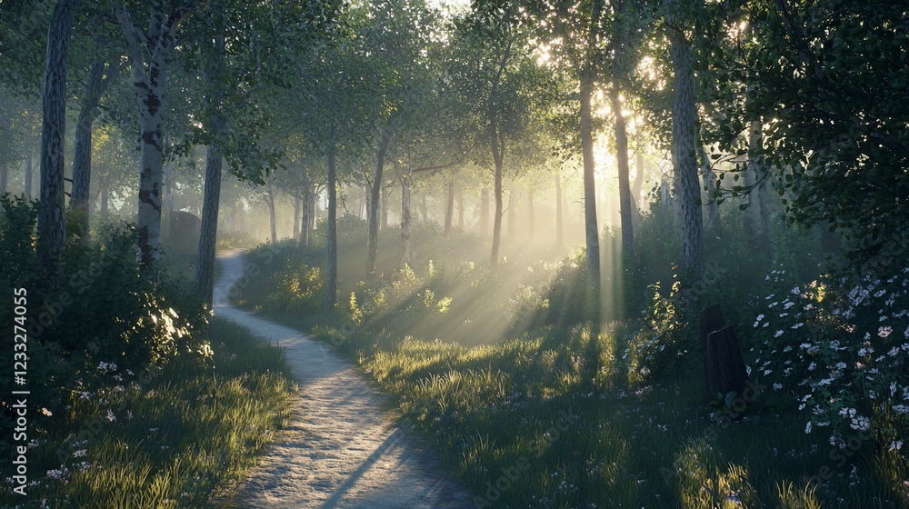 Poster sunlight filters through trees lining a path in serene forest landscape with mist