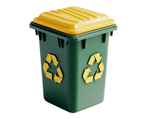 3D icon of a green bin with a yellow lid and a recycling symbol, isolated on transparent background