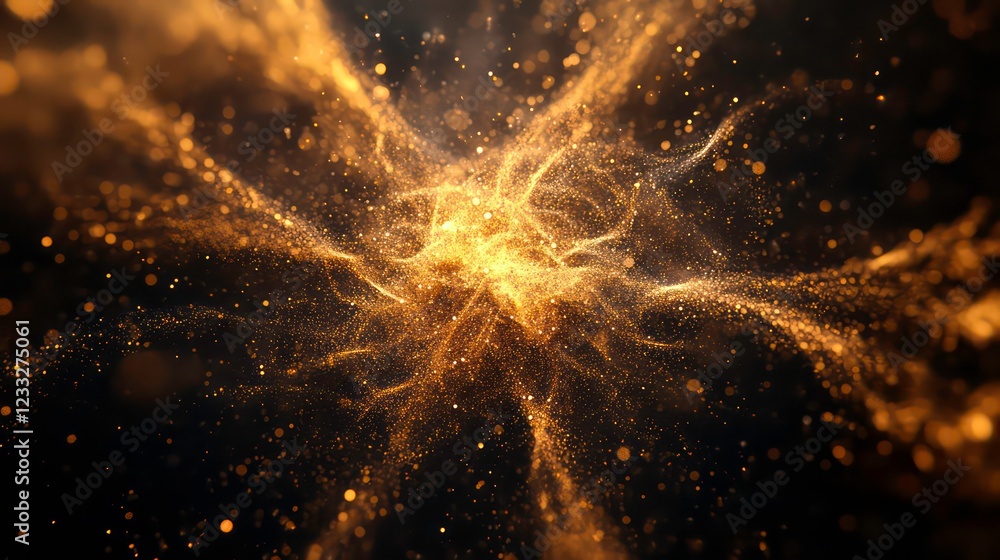 Poster vibrant powder explosion with intricate patterns, transforming into mystical floating sparks.