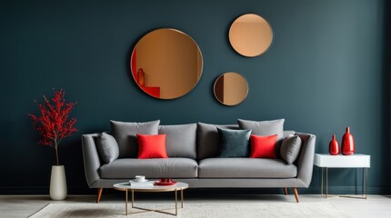 Stylish home decor featuring gray couch, accents of orange, and decorative mirrors 