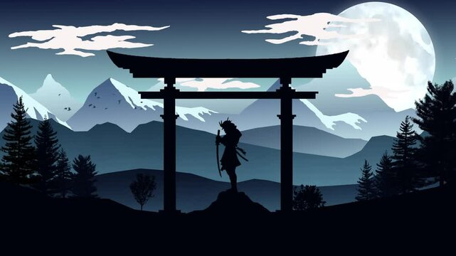Samurai Sword Silhouette Landscape 4K loop features a silhouette vector landscape with trees and bushes blowing in the wind and an animated Samurai swordsman in a loop.