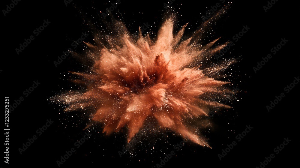 Poster vibrant powder explosion with intricate patterns, transforming into mystical floating sparks.