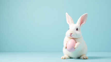 Obraz premium Studio shot of a cute white bunny rabbit holding a solid light easter egg, plain light blue background, minimalist style