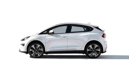 Dynamic white electric car showcase studio setting product photography minimalist environment side view innovation perspective