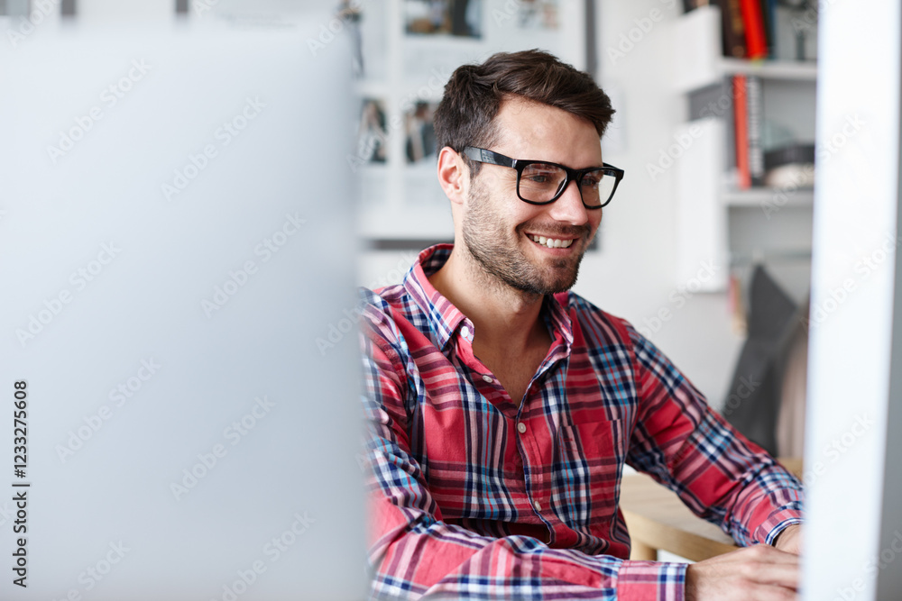 Poster man, computer and typing report in office, creative professional and event coordinator online. male 