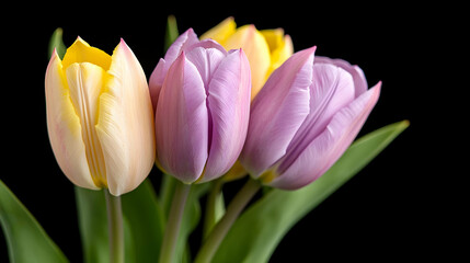 Naklejka premium Pastel tulips bouquet, dark background, spring flowers, floral arrangement, greeting card