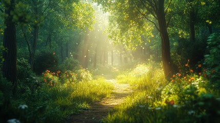 Sunlit Forest Path, Magical Scene, Nature Background