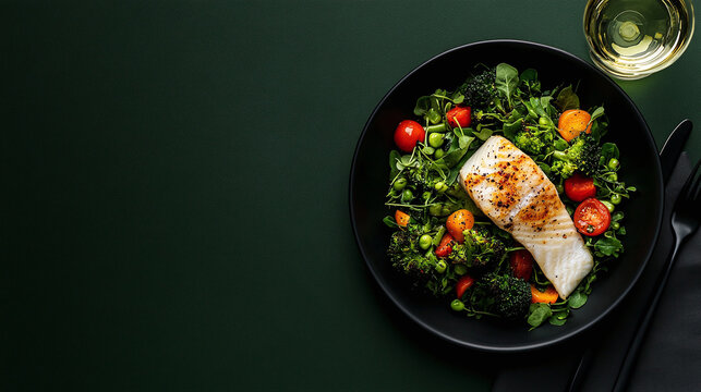 Filet de poisson accompagn&eacute; d'un assortiment de l&eacute;gumes raffin&eacute;s