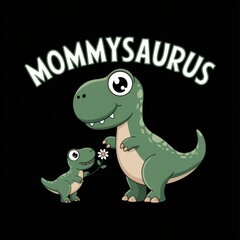 MommySaurus with a cute dinosaur and its baby holding a flower