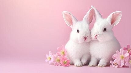 Adorable  Bunnies with Pink Flowers 