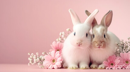 Obraz premium Adorable Bunnies with Pink Flowers 