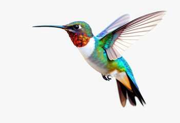 A captivating hummingbird displays its vibrant plumage in mid-flight, against a stark white backdrop, Generative AI