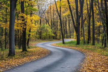 Fototapeta premium Autumnal Winding Road Through a Golden Forest