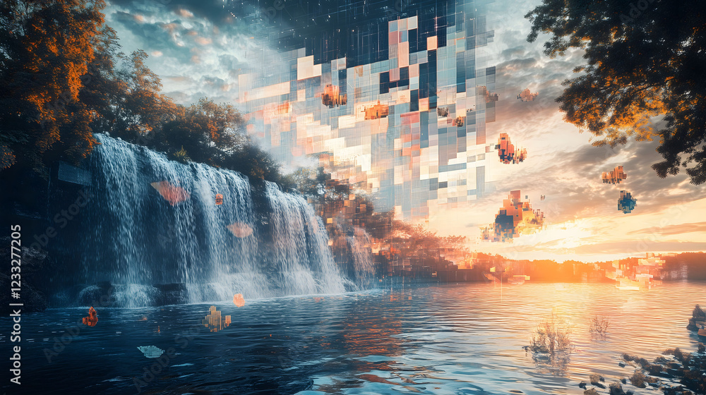 Poster cascading waterfall in a surreal landscape with floating elements and a vibrant sunset backdrop. gen