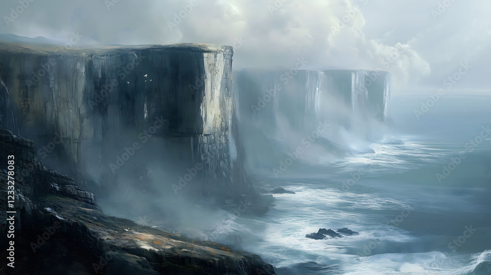 Poster ethereal fog rolls in over rugged cliffs and crashing waves at a coastal location. generative ai