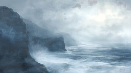 Obraz premium Foggy Coastal Vista With Rolling Waves and Dramatic Cliffs Under Muted Light at Dawn. Generative AI