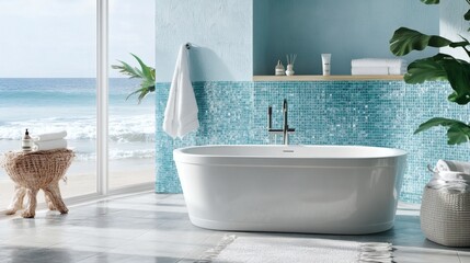 Obraz na płótnie Canvas Luxurious Freestanding Bathtub in Modern Coastal Bathroom with Ocean View