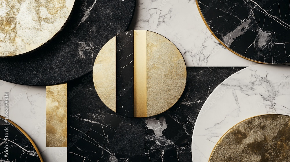 Poster geometric pattern of circular and rectangular elements in black, white, and gold