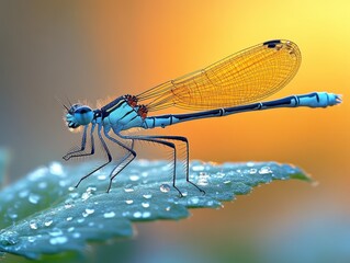 Close-up of a vibrant blue damselfly with orange wings resting on a dewy leaf