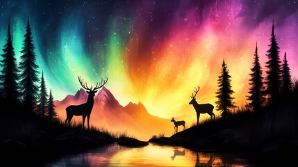 Fototapeta premium Majestic Deer Silhouettes Under Colorful Northern Lights Sky
