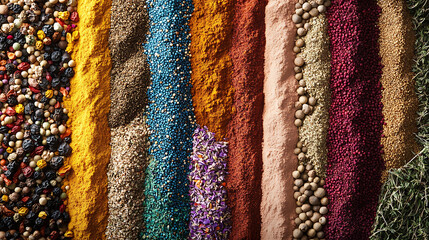 A close-up of colorful spices and herbs arranged neatly in a traditional market stall 