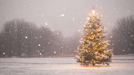 Christmas tree adorned with lights in a snowy field with gently falling snowflakes