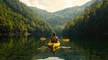 A traveler kayaking on a clear, calm lake surrounded by dense forests,