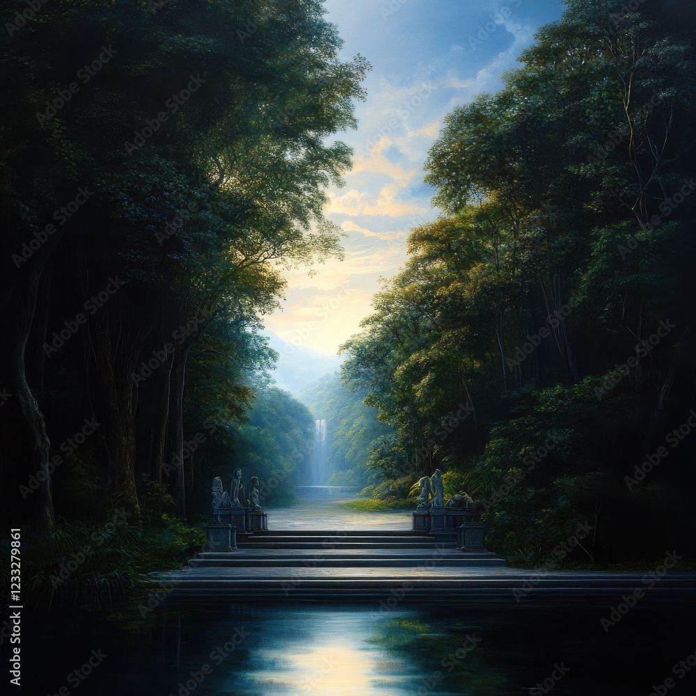 Poster a painting of a forest with a waterfall and a path