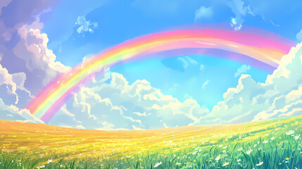 Obraz premium Colorful rainbow arching across sky after refreshing rain shower bringing hope rainy season. Rainbow Fields. Illustration