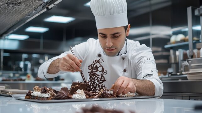 A chef plating an elaborate dessert with intricate chocolate designs