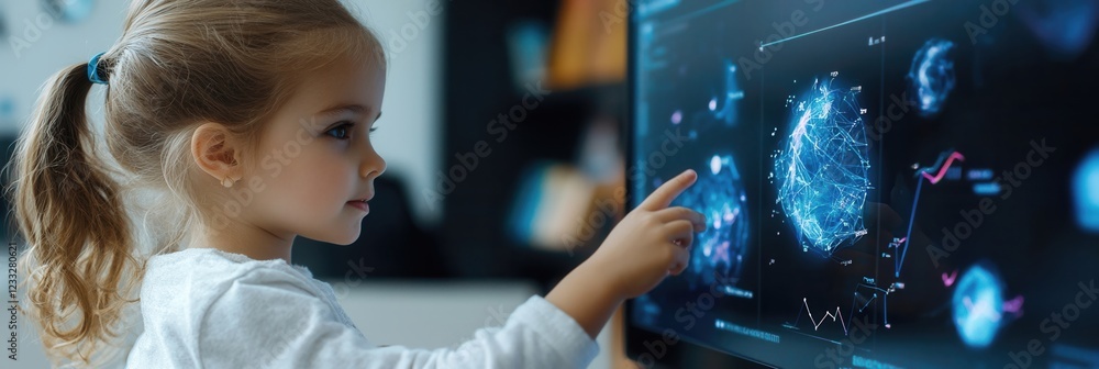 Aufkleber A child using a large panoramic interactive display for an online lesson,