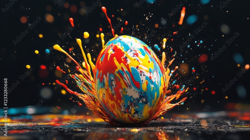 Poster a brightly colored egg explodes in a vibrant paint splash, creating a dynamic and joyful image.