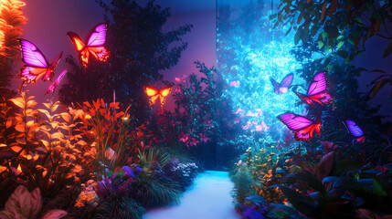 Fusion of Nature and Technology in a Vibrant Garden With Glowing Butterflies at Dusk. Generative AI