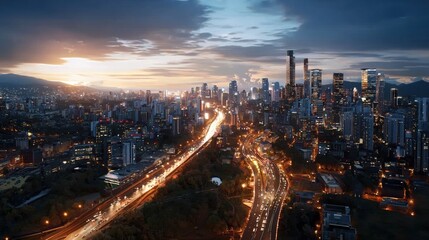 Fototapeta premium A cityscape at dawn with glowing streetlights and a peaceful atmosphere