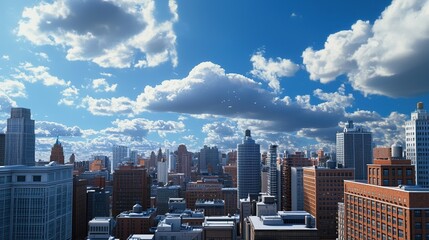 A cityscape with high-tech buildings under a cloudy sky