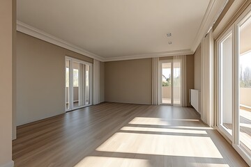 his 3D rendering presents a modern, unoccupied living room with a beige wall in an apartment, showcasing elegant interior design and a roomy arrangement.