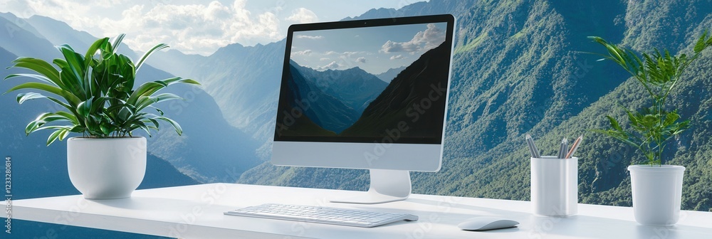 Poster A clean and simple workspace with a wide view of mountains and open skies